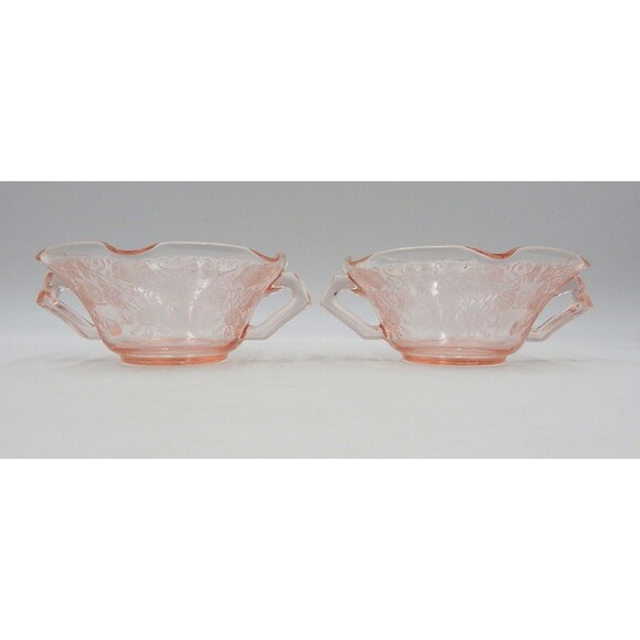 Hazel Atlas Florentine Poppy Pink Depression Glass Two-Handle Soup Nut Bowl Pair - Picture 2 of 9